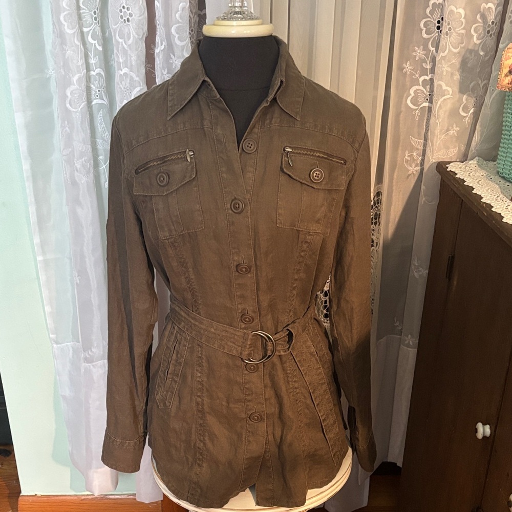 CAbi Olive Linen Belted Utility Jacket Sz S